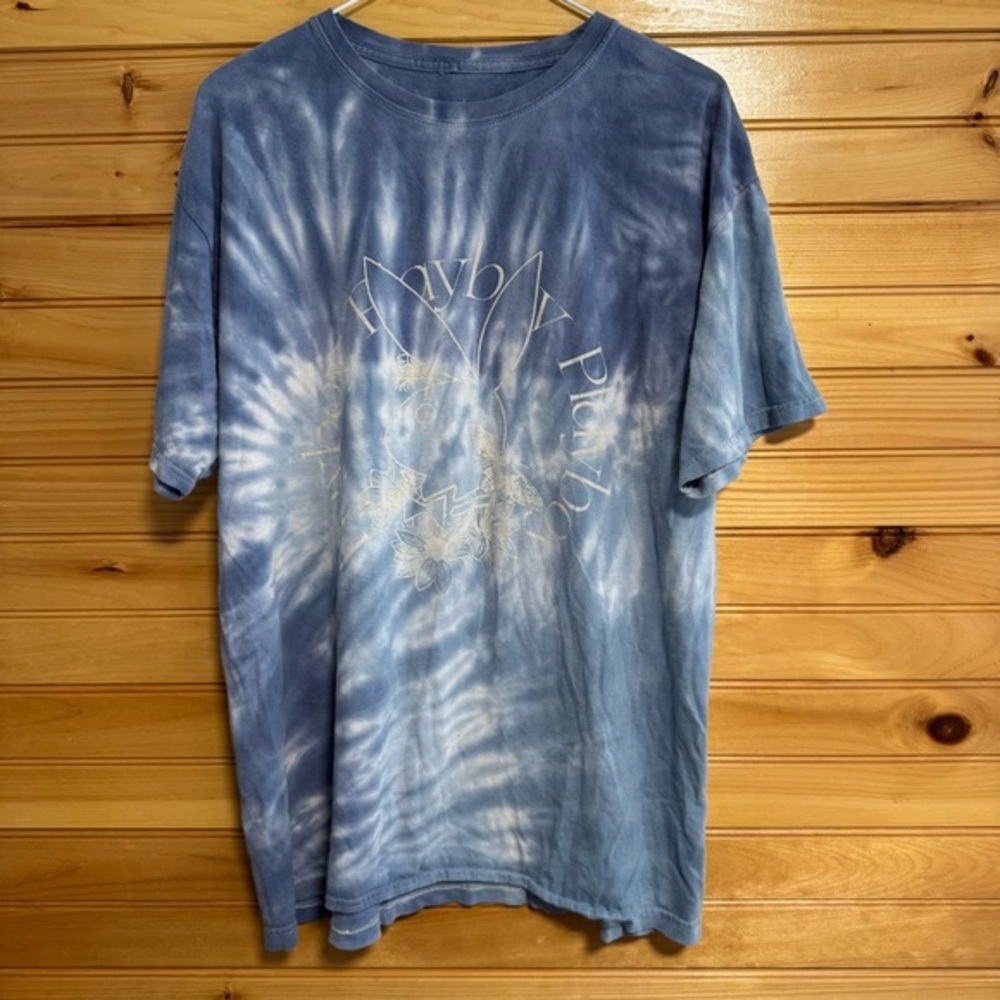 PLAYBOY Blue and White Tie Dye Short Sleeve Tee Medium